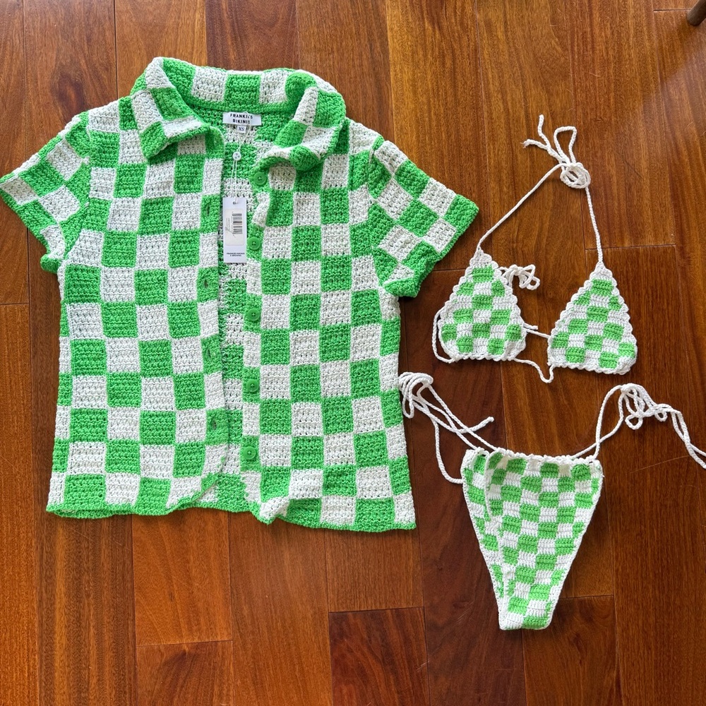 Frankie’s Bikinis Three Piece Crochet Bikini and Cover up Set